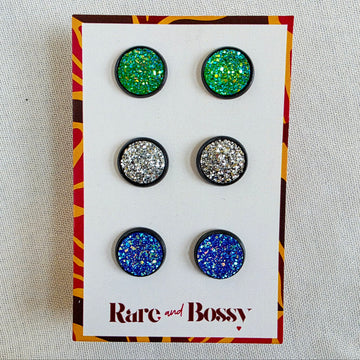 Green Silver Blue Druzy Studs Trio