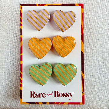 Purple Orange Green Heart Studs Trio
