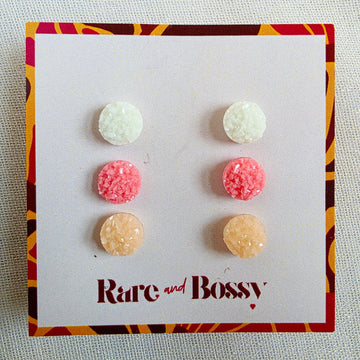 White Pink Peach Druzy  Studs Trio