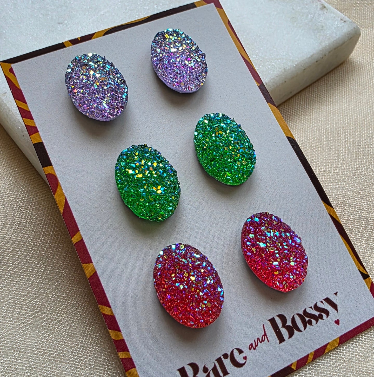 Purple Oval Druzy Studs Trio