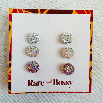 Silver Blush Pink Druzy Studs Trio