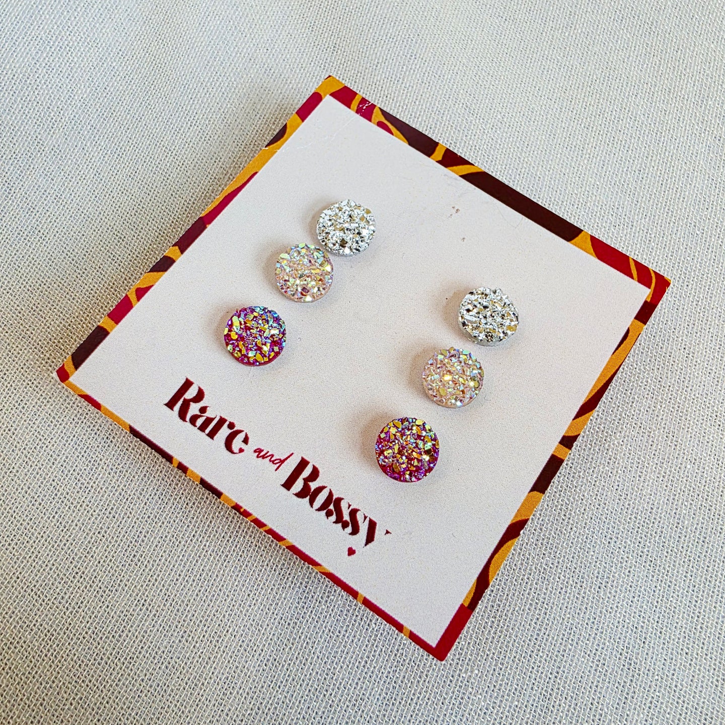 Silver Blush Pink Druzy Studs Trio