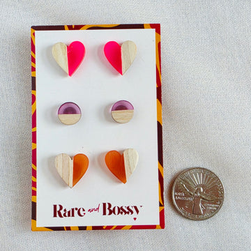 Hot Pink Purple Orange Wood + Resin Studs Trio