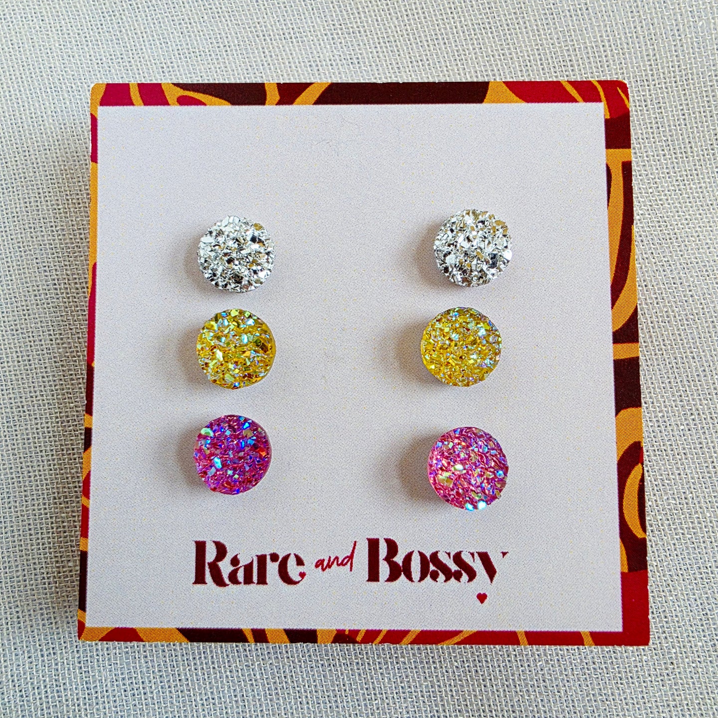 Silver Yellow Pink Druzy Studs Trio