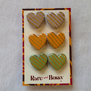 Purple Orange Green Heart Studs Trio
