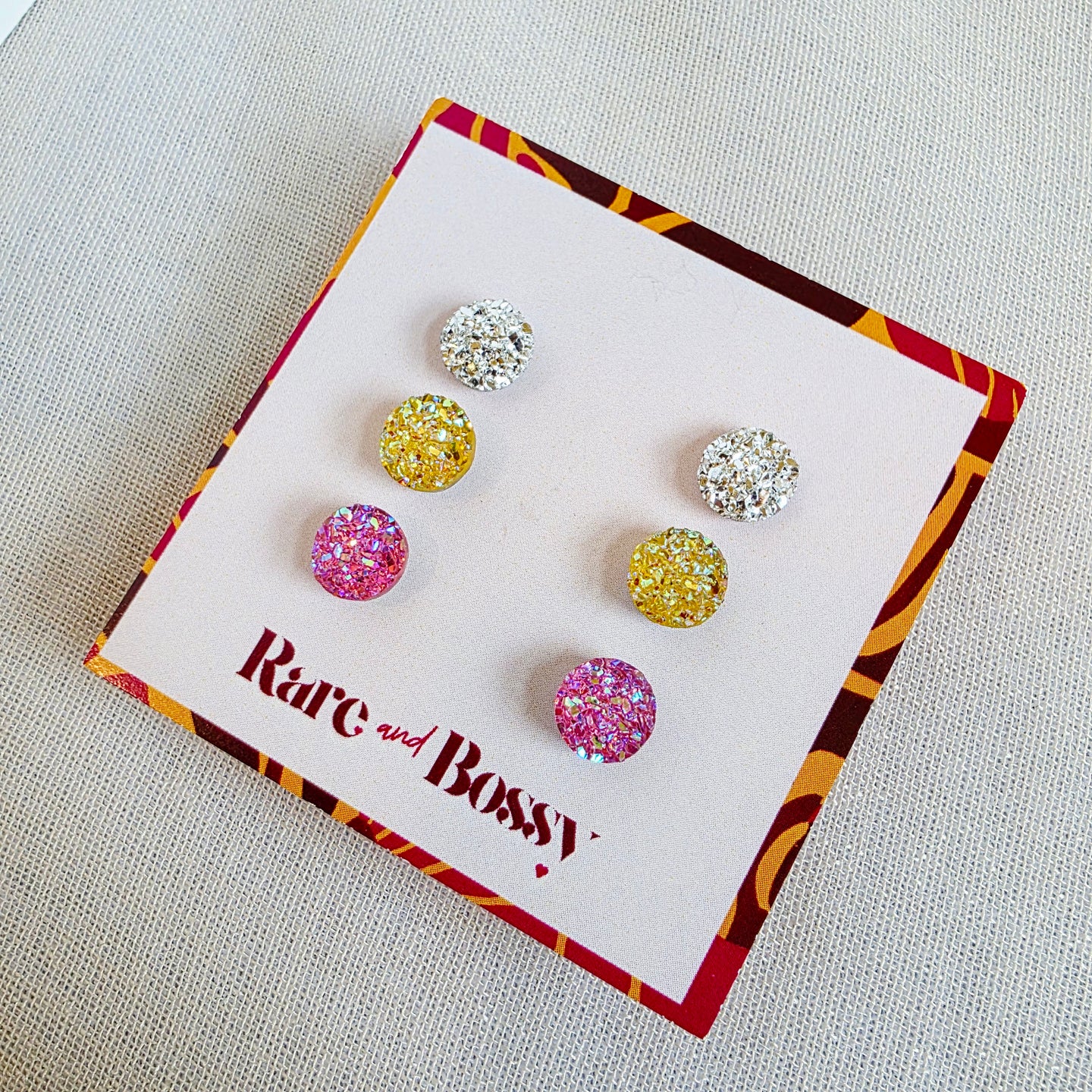 Silver Yellow Pink Druzy Studs Trio
