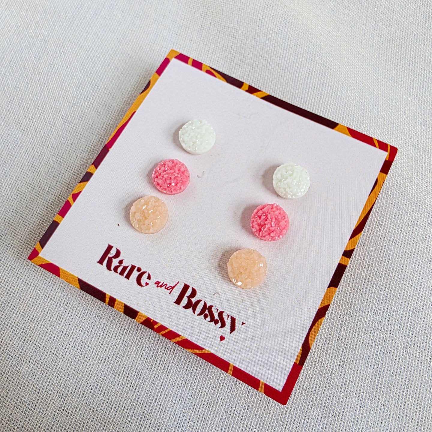 White Pink Peach Druzy  Studs Trio