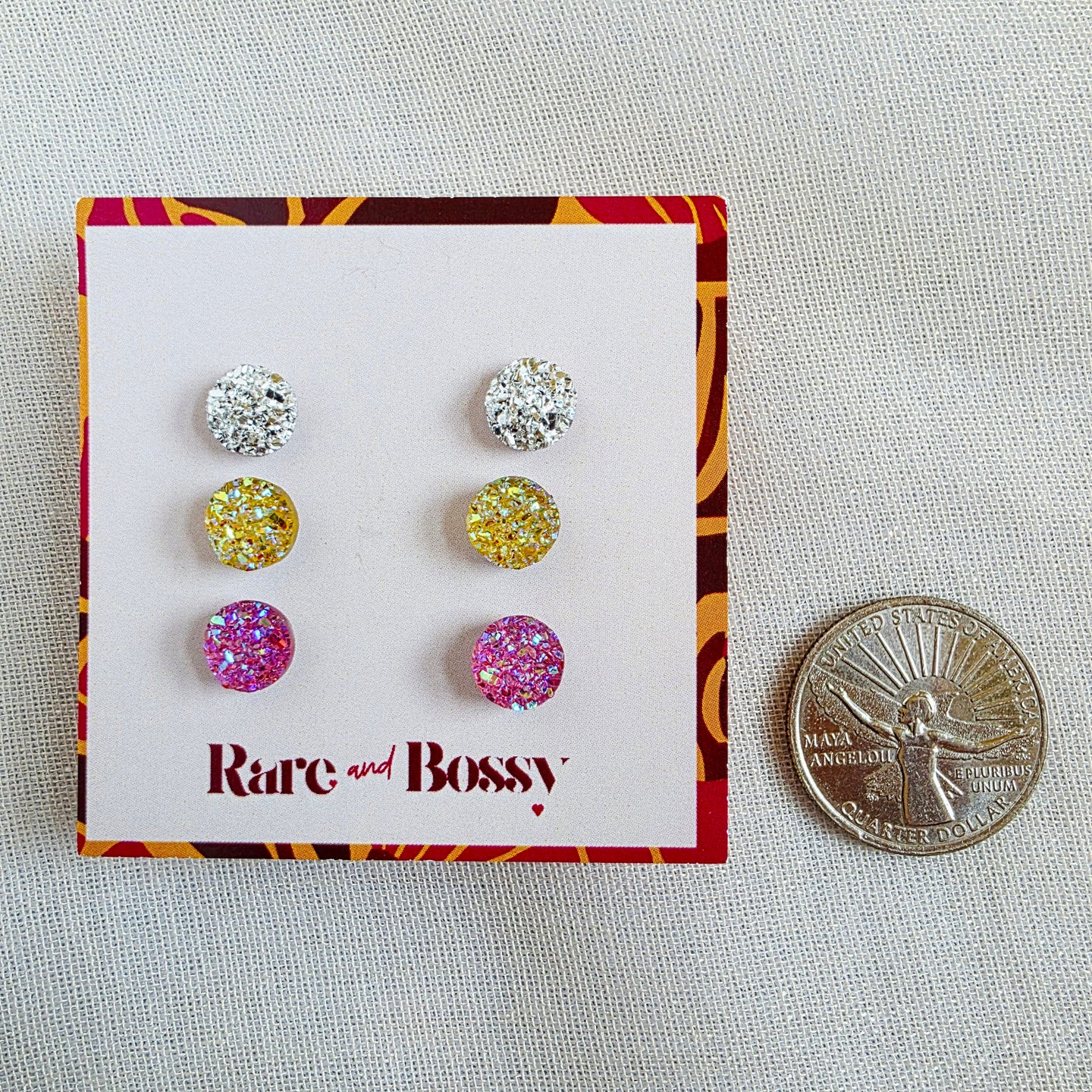 Silver Yellow Pink Druzy Studs Trio