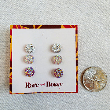 Silver Blush Pink Druzy Studs Trio